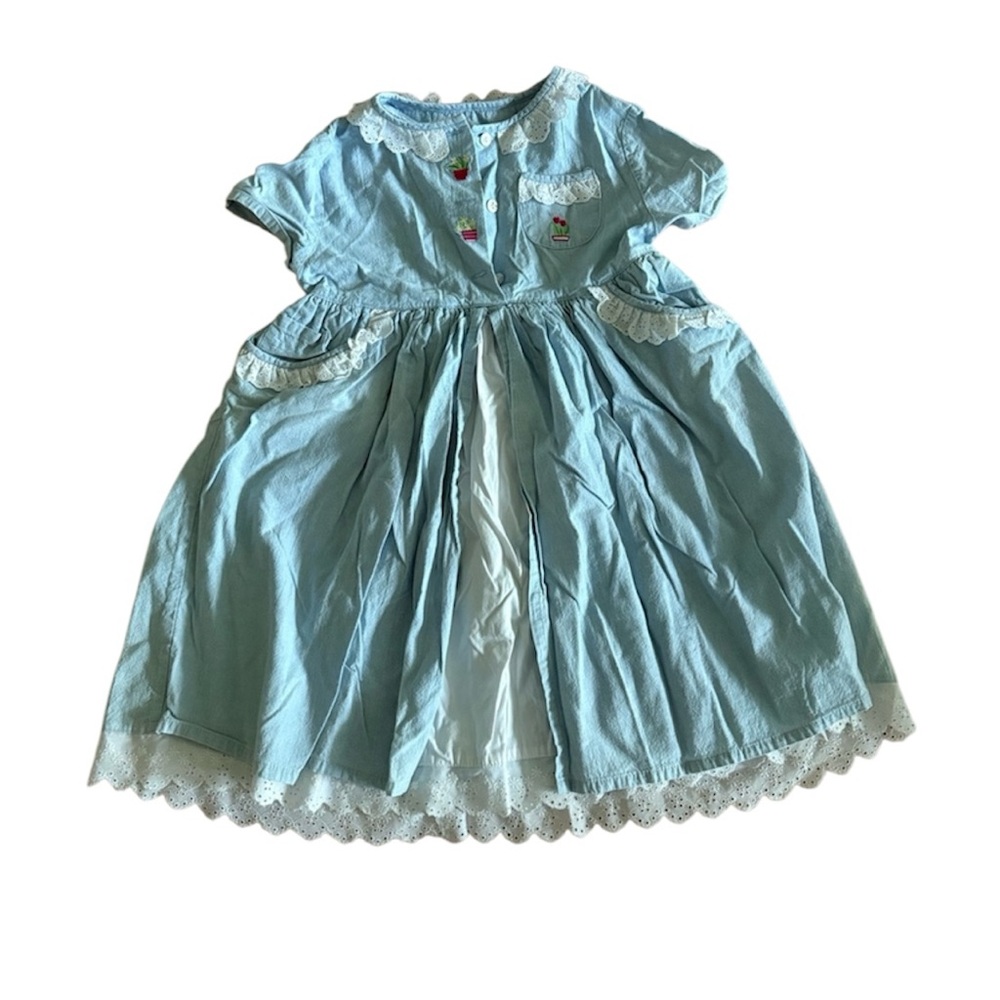Vintage Badge baby blue kids dress with lace trim and plant details